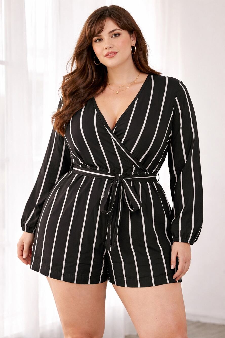 GAP Black Stripe Linen Blend Romper Jumpsuit – Size 16 – Tie Waist – Casual Chic